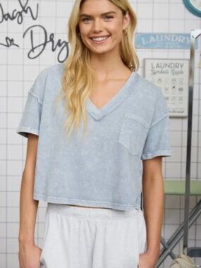 Washed Exposed Seam V Neck Boxy Knit Top